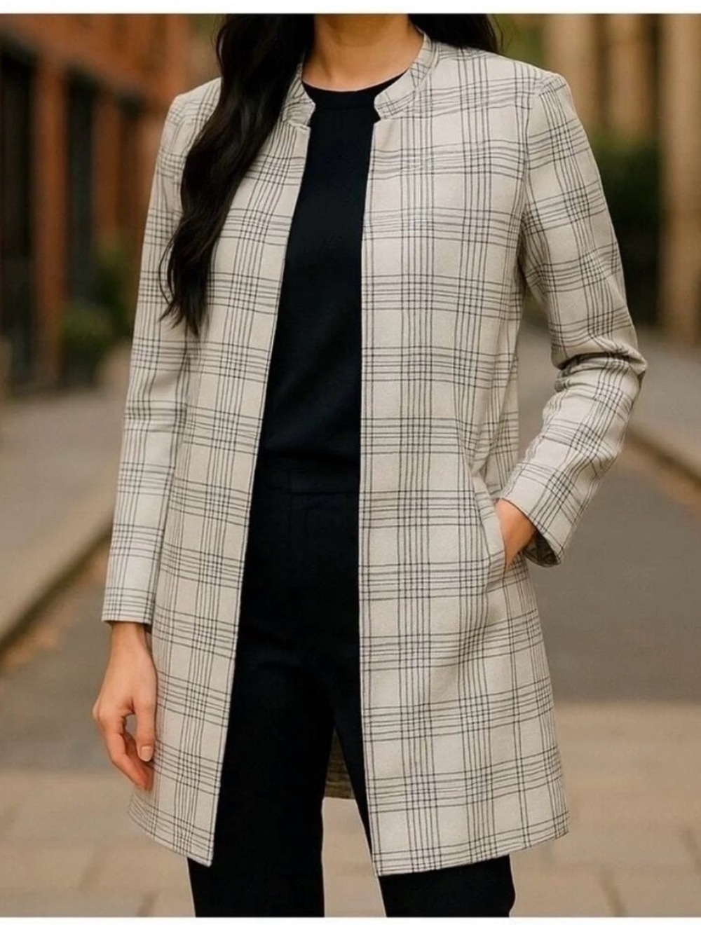 Carolina Belle Cream Plaid Collarless Longline Trench Coat
